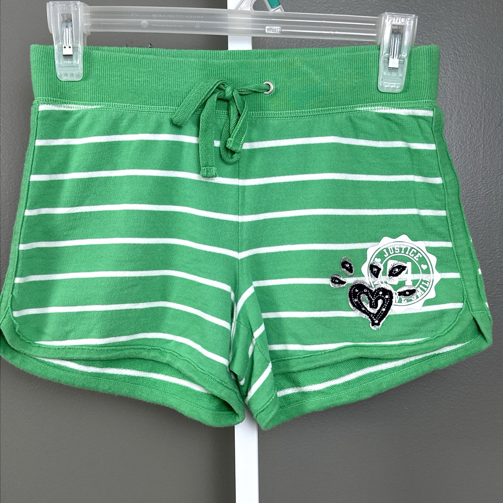 Justice Girls 12 Vintage Y2K Green White Striped Terry Dolphin Shorts 2000s
